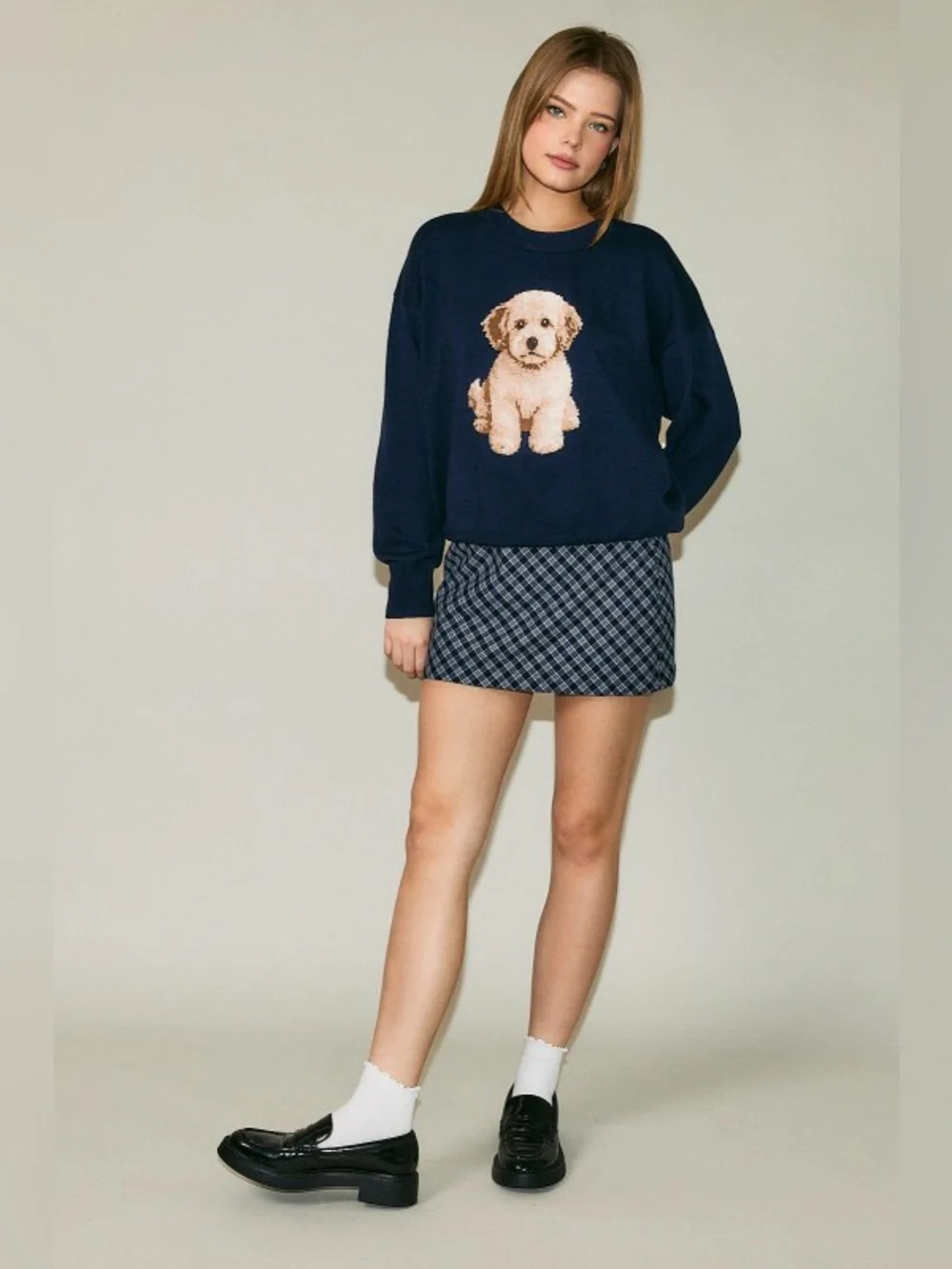 NWT Le Lis Navy Goldendoodle Dog Crew Neck Sweater Small